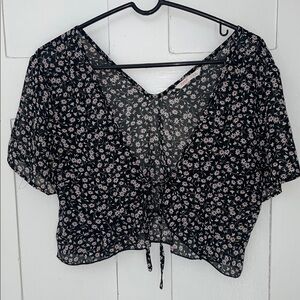 Floral Black and Red Sheer Women's Crop Top - Front Tie